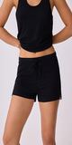 Semi fitted sleep shorts The tie waist allows for an adjustable custom fit 96% Modal 4% - Elastane Machine Wash Cold. Do Not Bleach. Tumble Dry Low. Imported Color Black