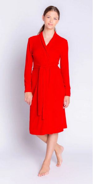 Textured Essentials Robe, COLOR: Red  FABRIC: polyester - rayon w/ 5% elastane 2x2 rib peachy  CARE: Cozy items are delicate. Handle with care and turn garment inside out. Machine wash cold. Do not bleach. Lay flat to dry.   