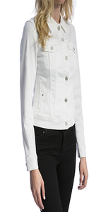 Classic Denim jacket with amazing stretch and recovery. The perfect white jacket for any occasion.   23-1/2" HPS Two front pockets Two side asymmetrical pockets 6-button front closure Color: Bright White