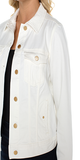 Our must-have lightweight classic jacket from our Love by Liverpool collection is effortless when it comes to layering.  Super soft with amazing stretch and recovery.   23" HPS Double front pockets Two side pockets 6 Button front closure Color: Porcelain 