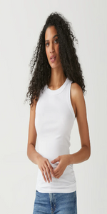  Basic-but-never-boring is the name of Halley’s game. Made in our best-selling Ultra Rib fabrication, this shoulder-baring tank has ruched sides for an ultra-flattering fit.   Fabric: Ultra Rib: 48% Cotton / 48% Modal / 4% Spandex Care: Machine Wash Model: Model Is 5'9" / Wearing Size Small Fit: Fitted Style: 2566 Origin: Made in USA Color: White