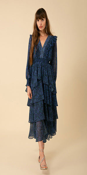 Chiffon Smocking and Ruffle at Neck Hook & Eye Hidden at Front Neck Elastic Smocked Waist Long Sleeve with Smocked Cuff Tiered Skirt with Slit at Lower Tiers Color: Blue  Dry Clean
