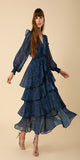 Chiffon Smocking and Ruffle at Neck Hook & Eye Hidden at Front Neck Elastic Smocked Waist Long Sleeve with Smocked Cuff Tiered Skirt with Slit at Lower Tiers Color: Blue  Dry Clean