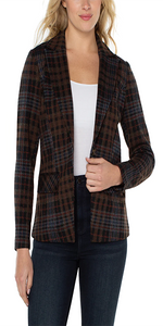 A perfect blazer to layer your outfit. Featuring a notched collar, this blazer can pull together your outfit for any occasion. Wear to work on business meetings or keep it casual with denim and your favorite tee!   27” HPS Notched collar Amazing stretch and comfort Two front pockets Single button closure Sleek modern style  Turn inside out, Machine wash cold, Gentle cycle, Do not bleach, Air dry flat, Cool iron if needed, Or dry clean Color: Blk / Brn 78% Polyester, 19% Viscose, 3% Elastane