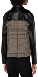 23-1/2" HPS Contrast sleeves Button-front closure  Two front flap pockets Cuff detail with button closure  Plaid knit Liverpool Exclusive Print Color: Blk/Tan Body: 75%Polyester, 16% Viscose, 4% Elastane, 5%Other fiber Contrast: 100% Polyester-polyurethane Turn inside out, Machine wash cold, Gentle cycle, Do not bleach, Air dry flat, Cool iron if needed, Or dry clean