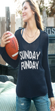 This relaxed fit, yet shaped top features our flattering curved shirt tail hems and side slits. Light, soft, ropey cotton with an airy, loose construction keeps you comfortable as the seasons change. The words "Sunday Funday" are knit directly into the center front.  The tunic length makes this versatile top perfect to pair over anything from leggings to dresses.  Composition: 60% cotton, 40% acrylic This style runs true to size. MACHINE WASHABLE Color: Blue