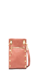Tony Sml C.B-Bg-R, Crafted with a pink nubuck base with peach undertones and a smooth, slightly distressed surface Red cotton twill lining Brushed gold hardware, covered for life Cell phone pocket on outside Credit card slot inside 8" L x 2"W x 7.5" H, Strap: 1" W x 49" L