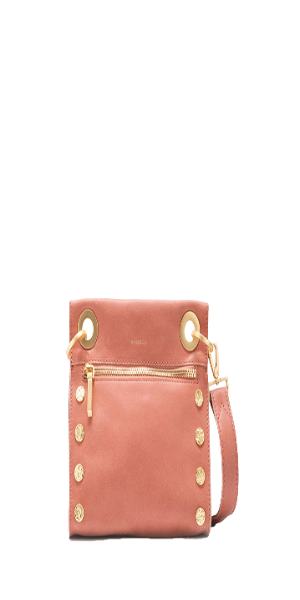 Tony Sml C.B-Bg-R, Crafted with a pink nubuck base with peach undertones and a smooth, slightly distressed surface Red cotton twill lining Brushed gold hardware, covered for life Cell phone pocket on outside Credit card slot inside 8