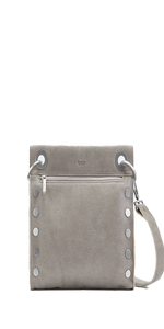 Crafted with distressed yet smooth pewter leather Bold red lining Brushed silver hardware, also guaranteed for life Cell phone pocket on outside Credit card slot inside 8" L x 2"W x 7.5" H, Strap: 1" W x 49" L