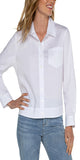 25" HPS Button front shirt Elastic at back waist Long sleeve Chest pocket Color: White 67% Cotton, 29% Polyester, 4% Spandex Turn inside out, Machine wash cold with like colors, Gentle cycle, only non-chlorine bleach when needed, Flat air dry, Cool iron if needed, Or dry clean