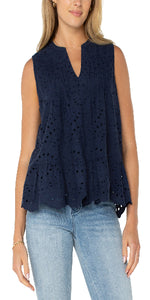 25-3/4" High Point Shoulder
Sleeveless
V-neck

Scallop edge finished

Pintuck details
Woven eyelet fabric
100% Polyester
Color: Navy
Turn Inside Out, Machine Wash Cold with Like Colors, Gentle Cycle, Do Not Bleach, Flat Air Dry, Cool Iron If Needed, Or Dry Clean