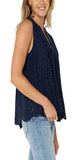 25-3/4" High Point Shoulder
Sleeveless
V-neck

Scallop edge finished

Pintuck details
Woven eyelet fabric
100% Polyester
Color: Navy
Turn Inside Out, Machine Wash Cold with Like Colors, Gentle Cycle, Do Not Bleach, Flat Air Dry, Cool Iron If Needed, Or Dry Clean