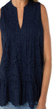 25-3/4" High Point Shoulder
Sleeveless
V-neck

Scallop edge finished

Pintuck details
Woven eyelet fabric
100% Polyester
Color: Navy
Turn Inside Out, Machine Wash Cold with Like Colors, Gentle Cycle, Do Not Bleach, Flat Air Dry, Cool Iron If Needed, Or Dry Clean